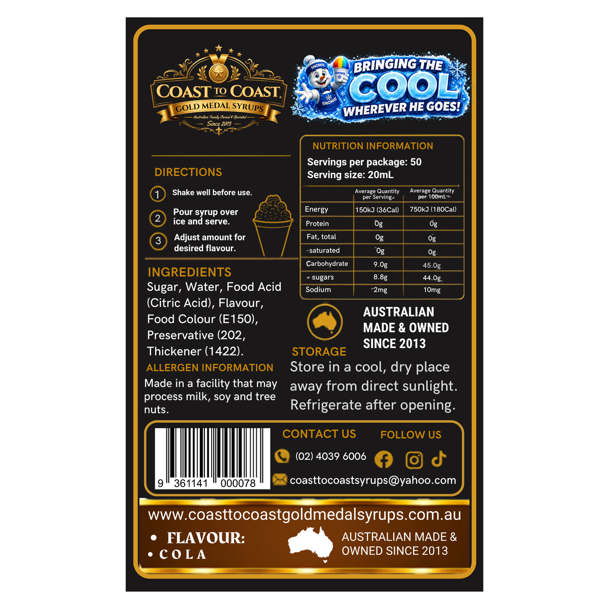 Cola Snow Cone Syrups 250ml - Coast to Coast Gold Medal Syrups®