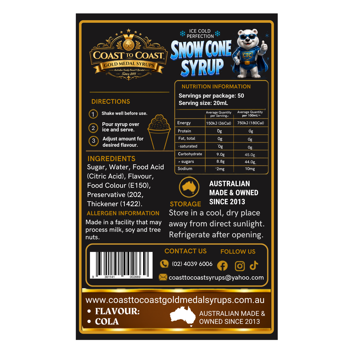 Cola Snow Cone Syrups 4ltr - Coast to Coast Gold Medal Syrups®
