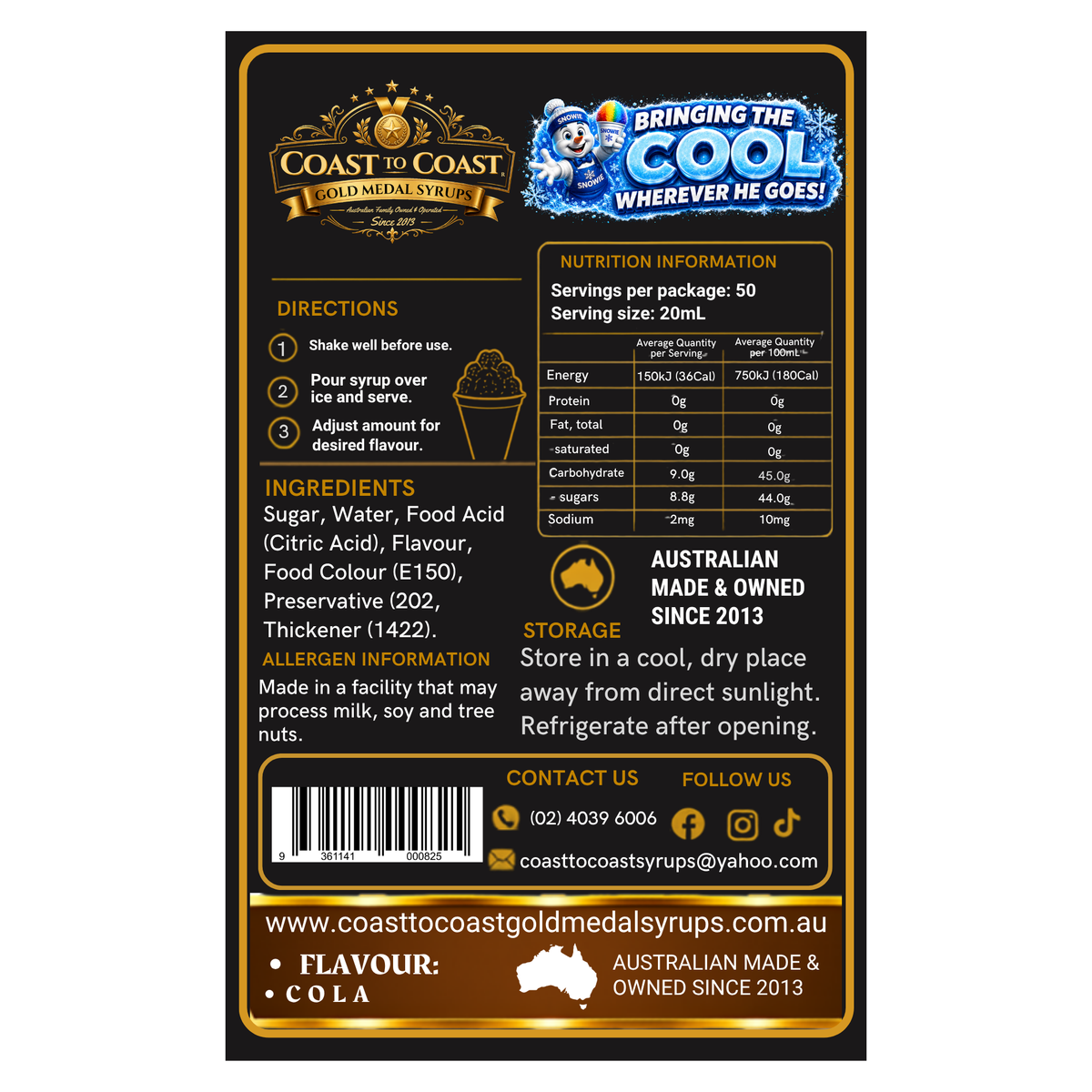 Cola Snow Cone Syrups 750ml - Coast to Coast Gold Medal Syrups®
