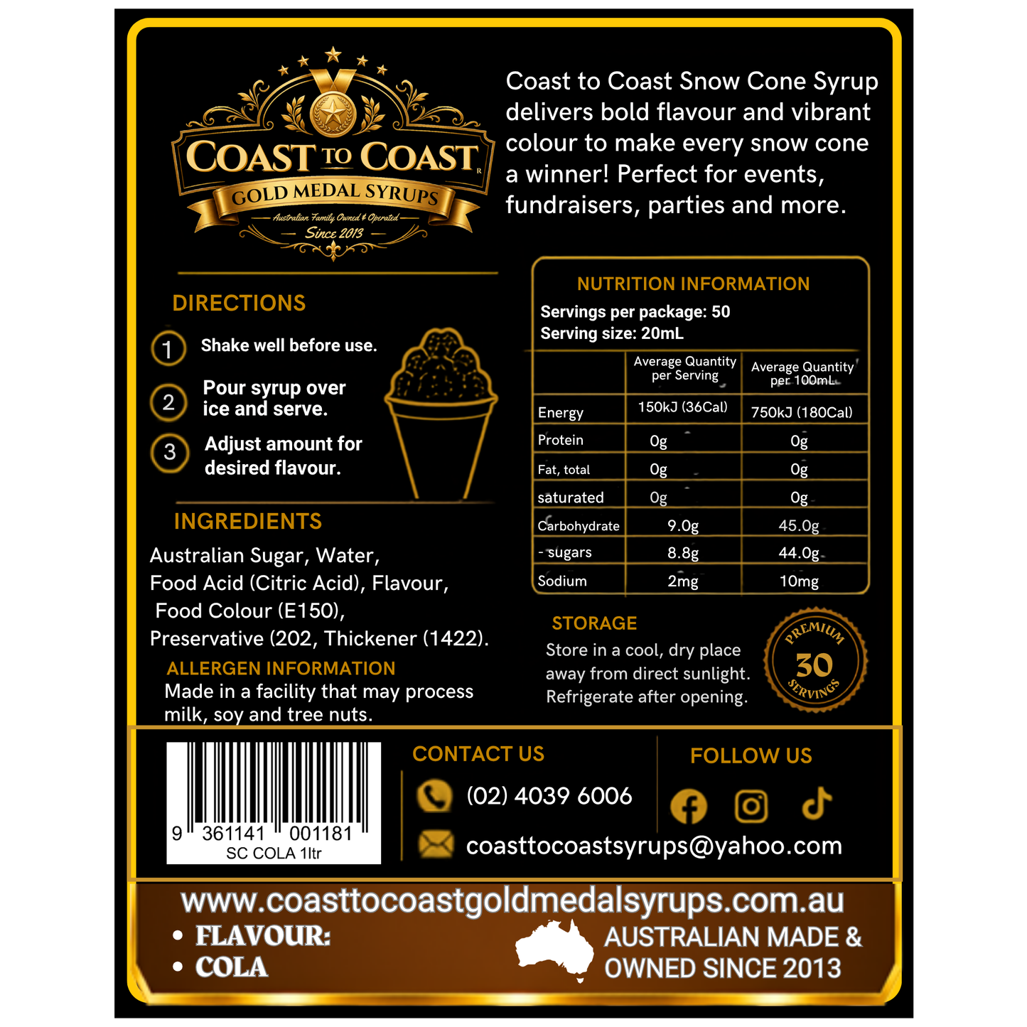Cola Snow Cone Syrups 1ltr - Coast to Coast Gold Medal Syrups®