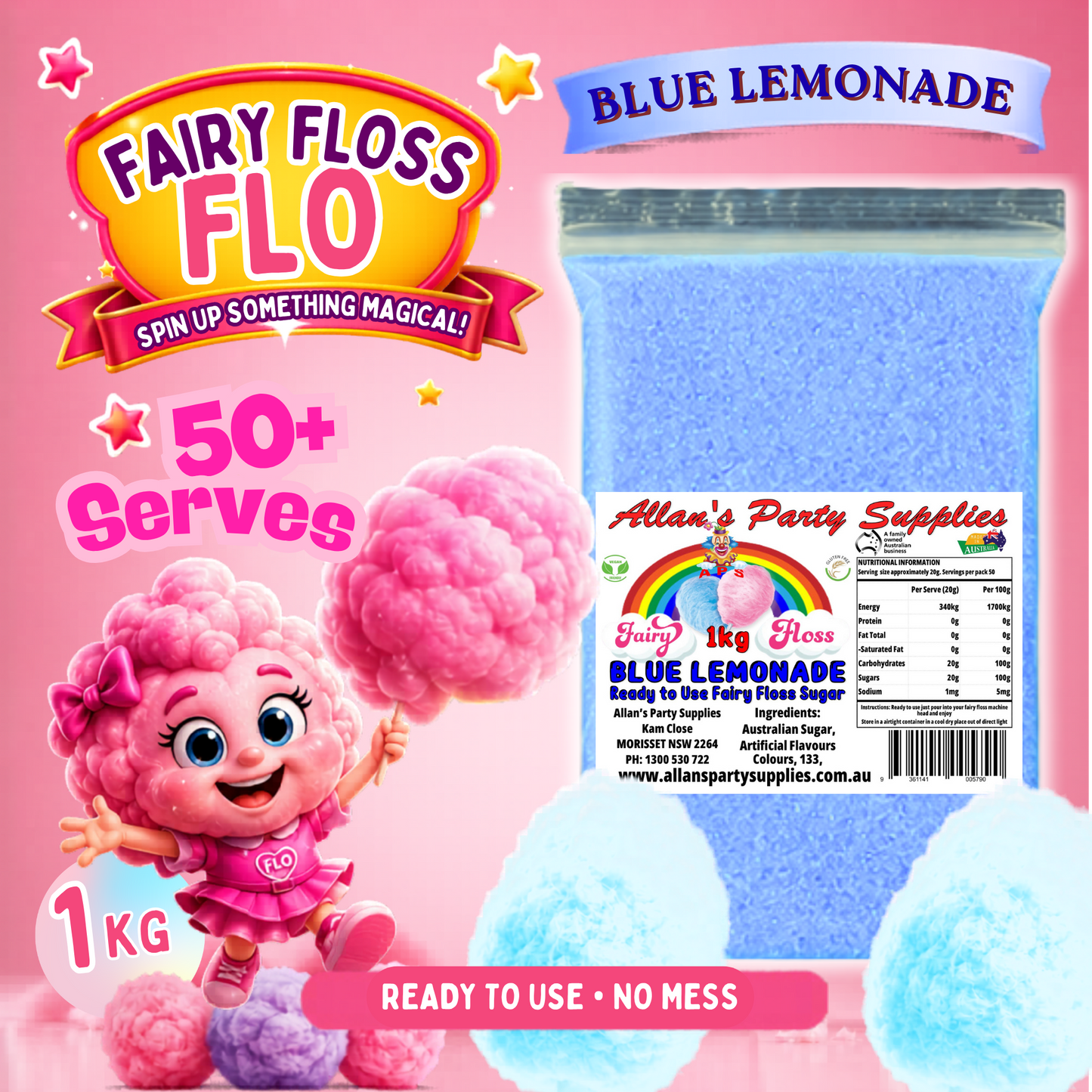 #3 APS, Fairy Floss Flo's Premium Blue Lemonade Fairy Floss Sugar 1kg