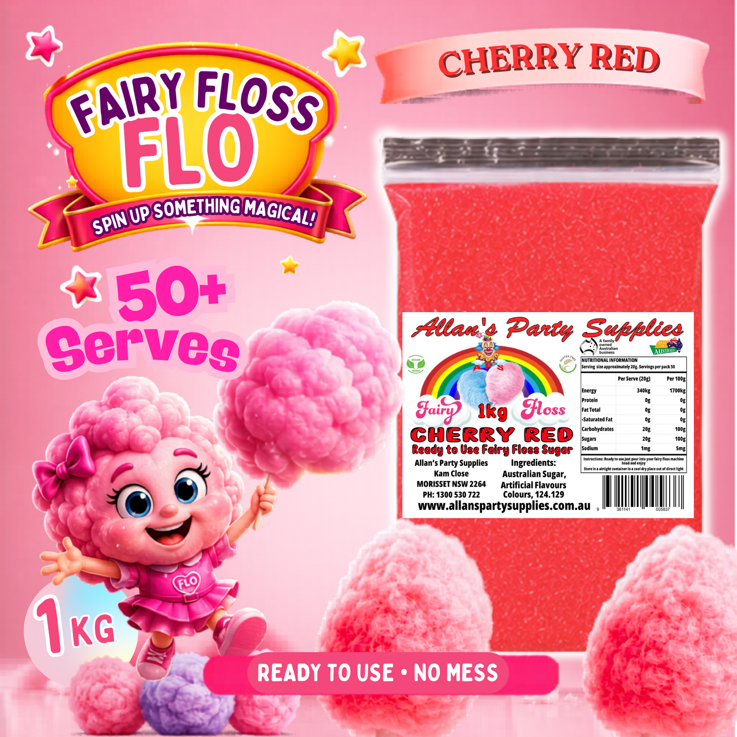 #3 APS, Fairy Floss Flo's Premium Cherry Red Fairy Floss Sugar 1kg