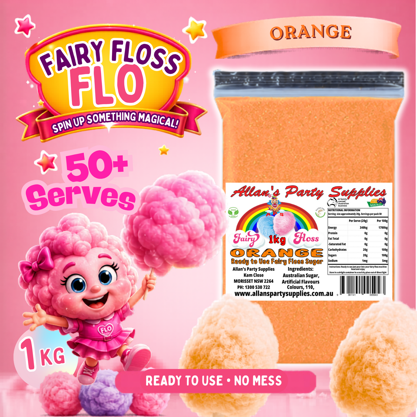 #3 APS, Fairy Floss Flo's Premium Orange Fairy Floss Sugar 1kg