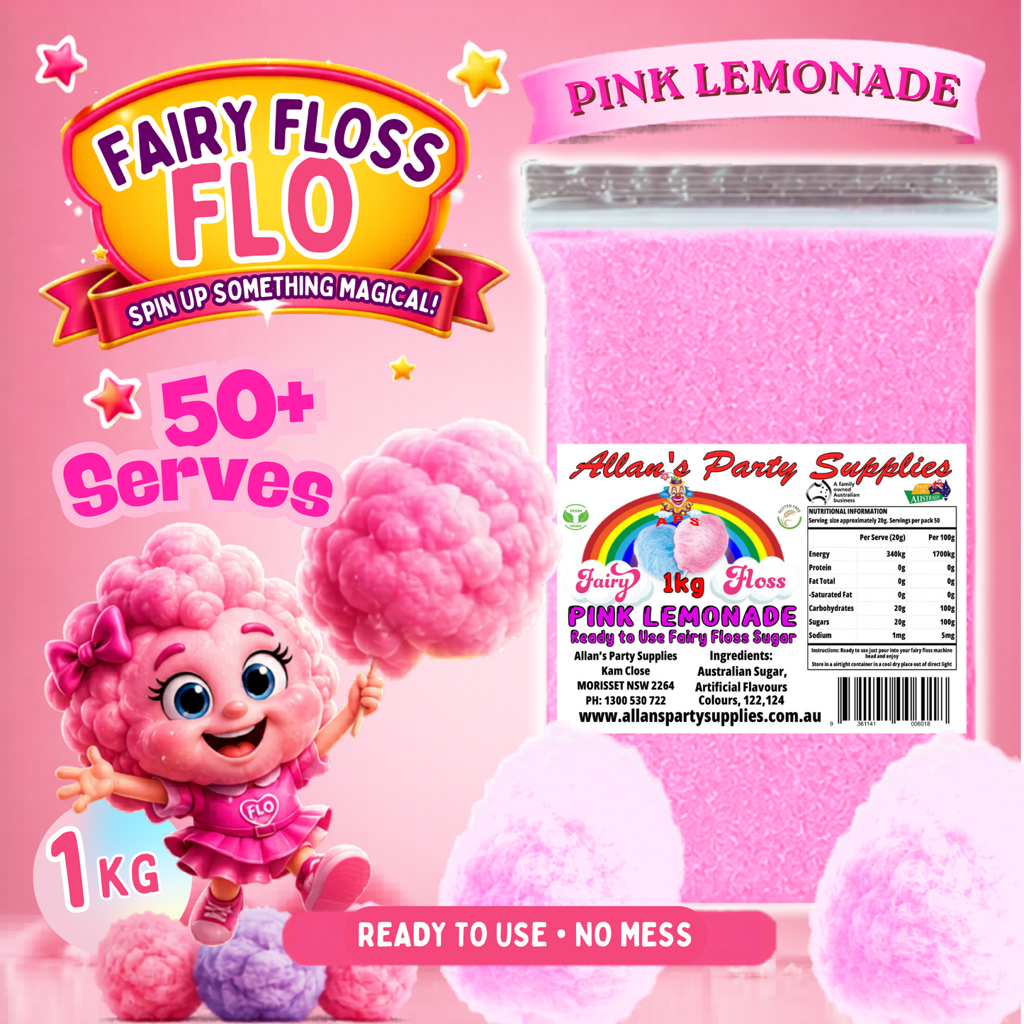 #3 APS, Fairy Floss Flo's Premium Pink Lemonade Fairy Floss Sugar 1kg