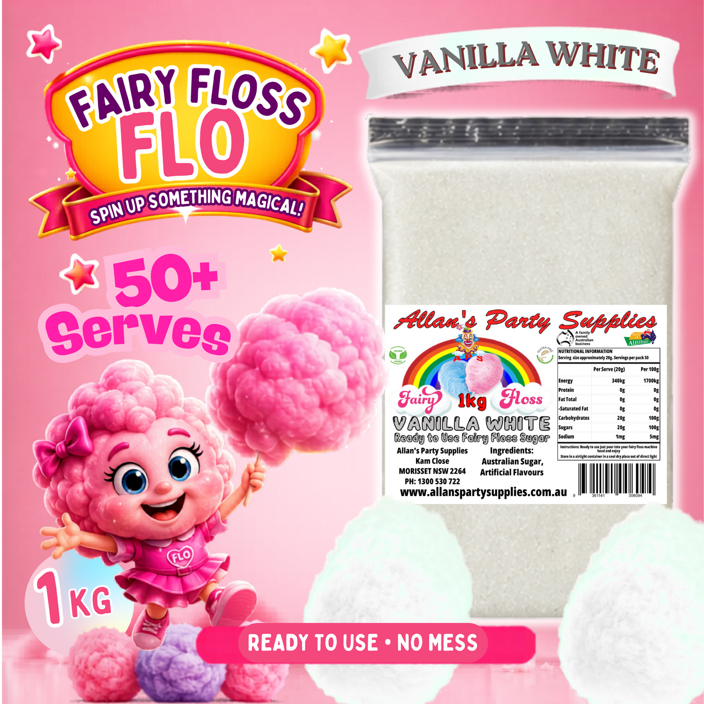 #3 APS, Fairy Floss Flo's Premium Vanilla White Fairy Floss Sugar 1kg