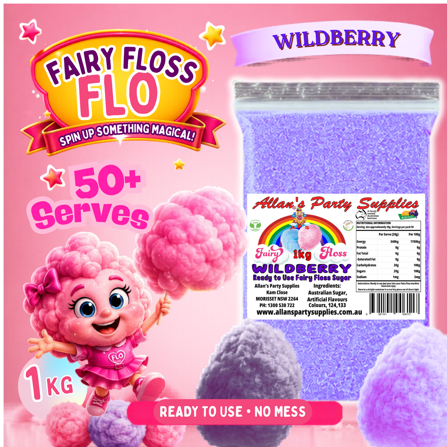 #3 APS, Fairy Floss Flo's Premium Wildberry Fairy Floss Sugar 1kg