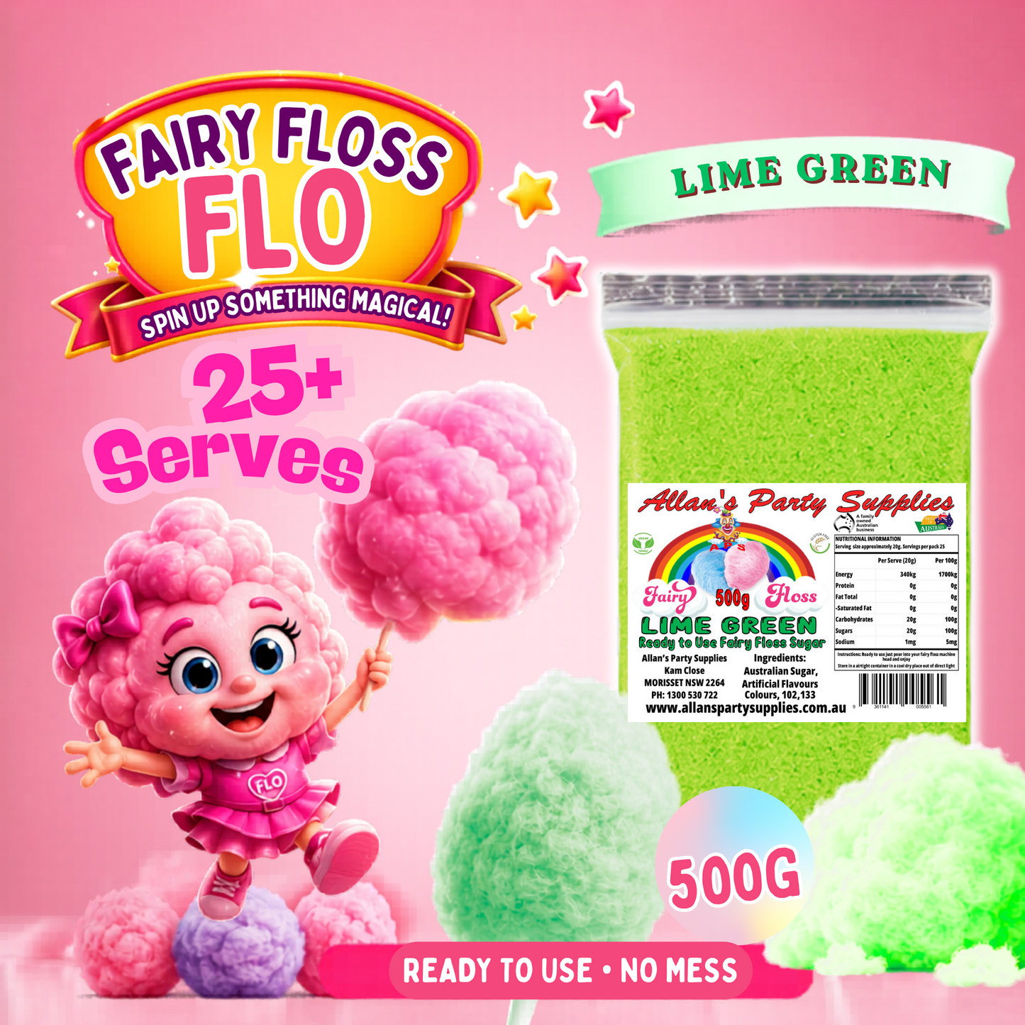#2 APS, Fairy Floss Flo's Premium Lime Green Fairy Floss Sugar 500g Bag