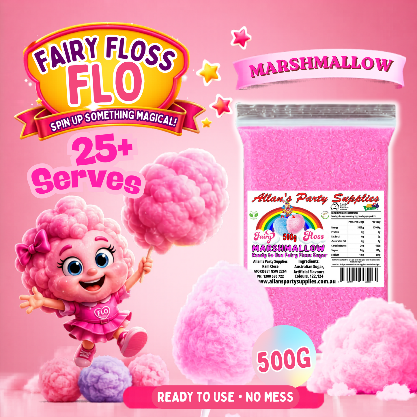 #2 APS, Fairy Floss Flo's Premium Marshmallow Fairy Floss Sugar 500g Bag