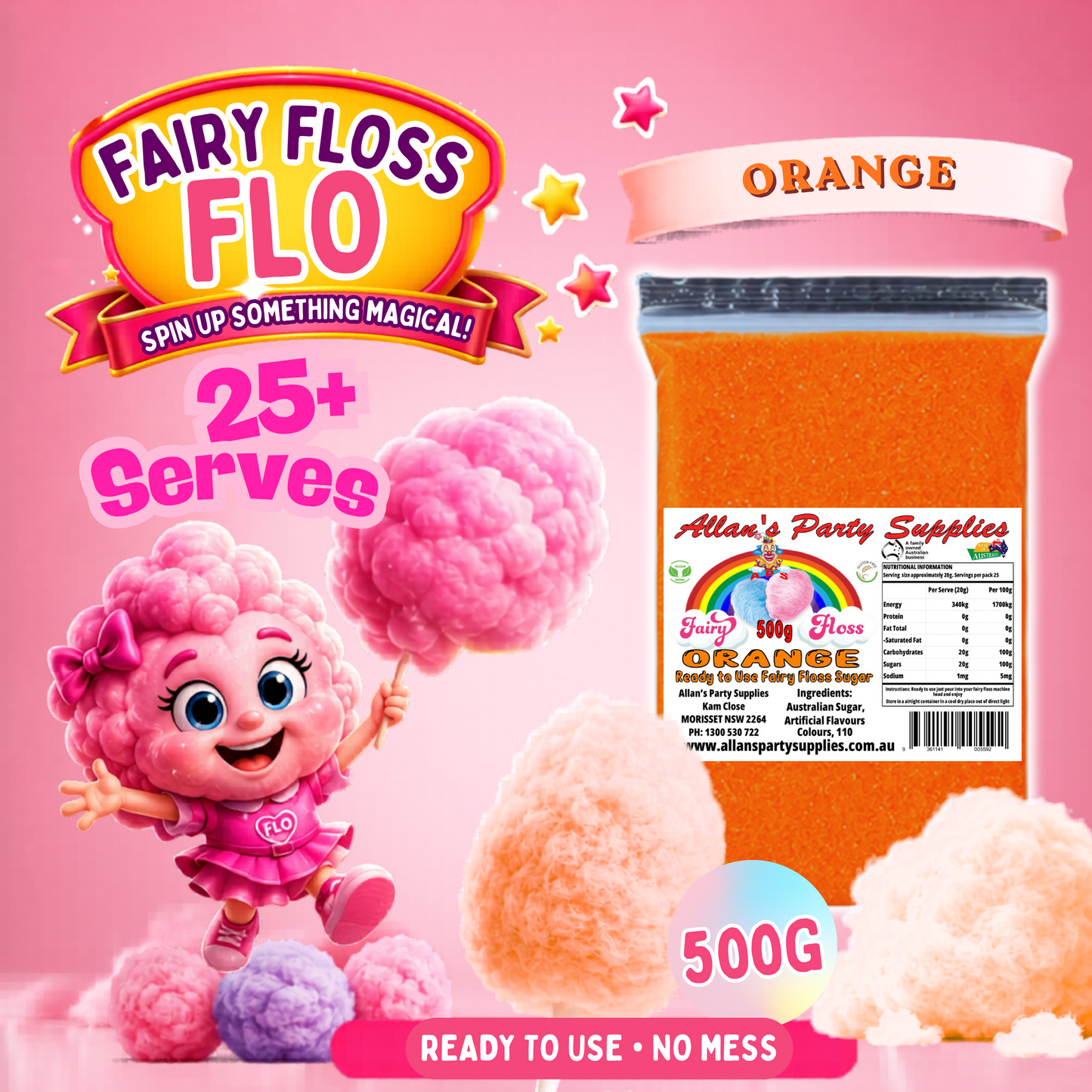#2 APS, Fairy Floss Flo's Premium Orange Fairy Floss Sugar 500g Bag
