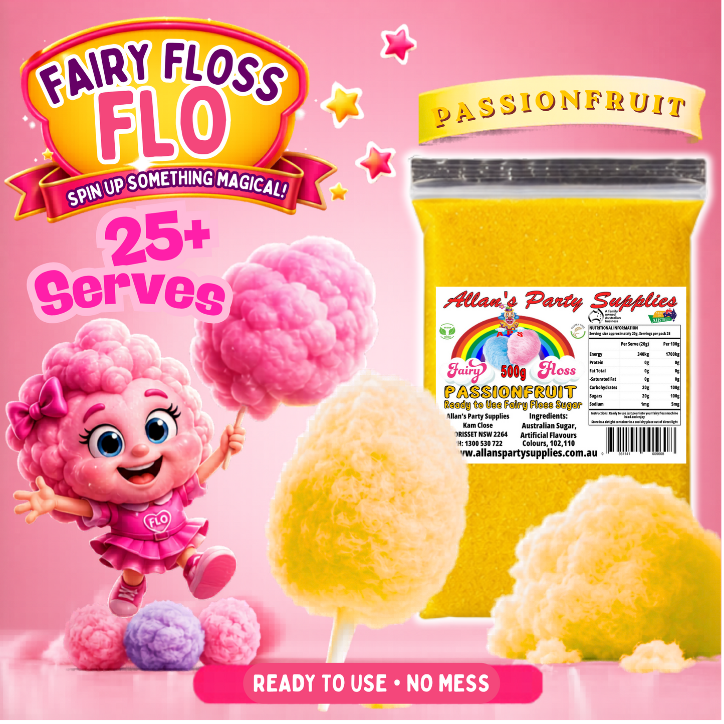 #2 APS, Fairy Floss Flo's Premium Passionfruit Fairy Floss Sugar 500g Bag