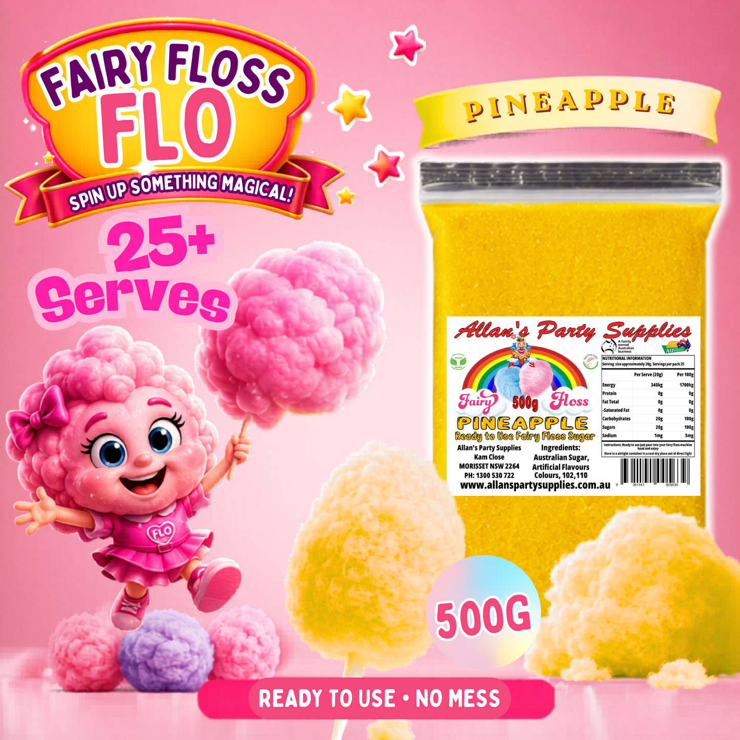 #2 APS, Fairy Floss Flo's Premium Pineapple Fairy Floss Sugar 500g Bag