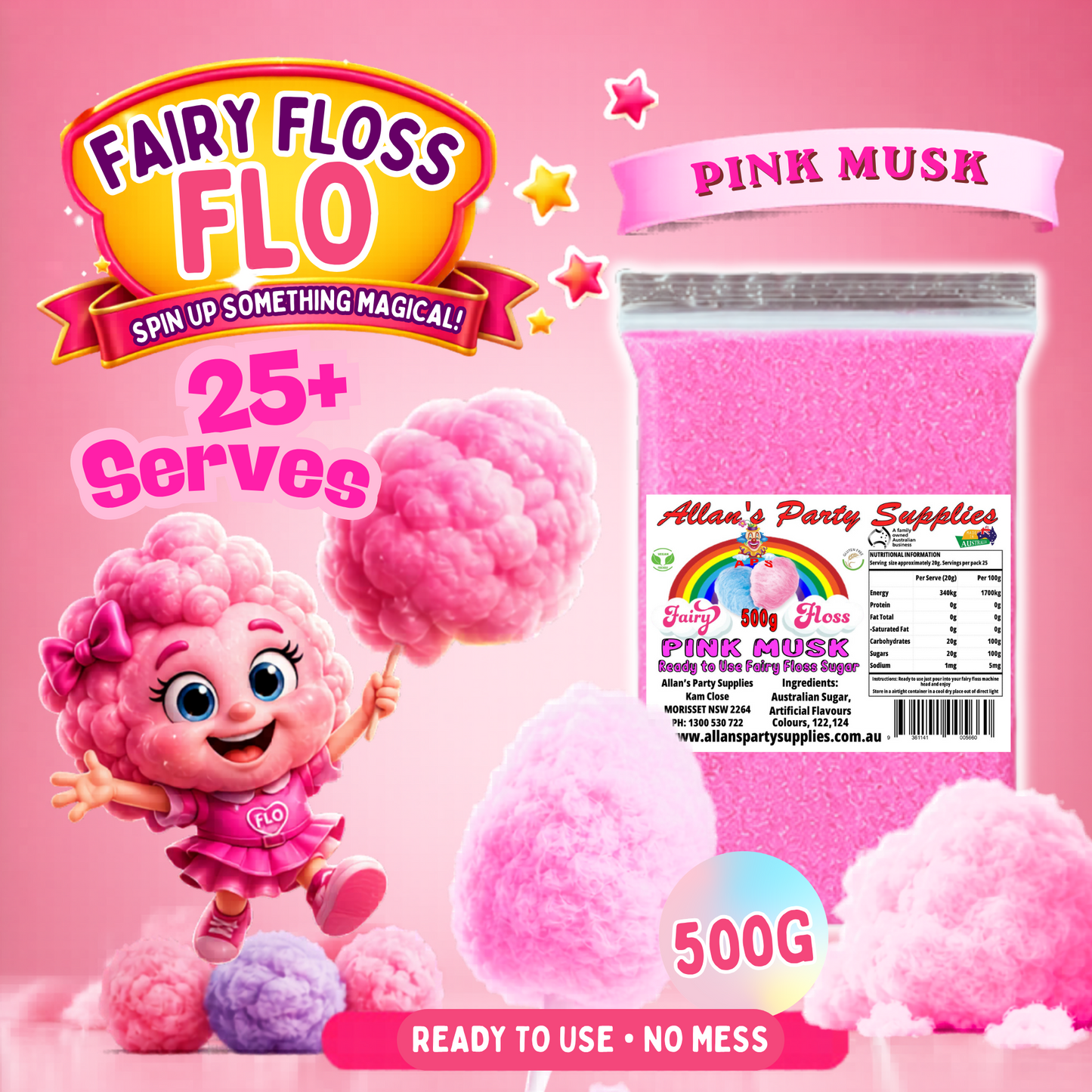 #2 APS, Fairy Floss Flo's Premium Pink Musk Fairy Floss Sugar 500g Bag