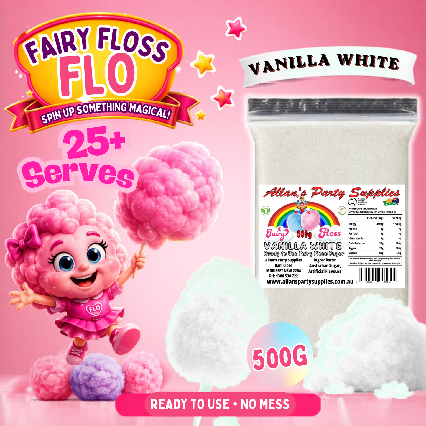 #2 APS, Fairy Floss Flo's Premium Vanilla White Fairy Floss Sugar 500g Bag
