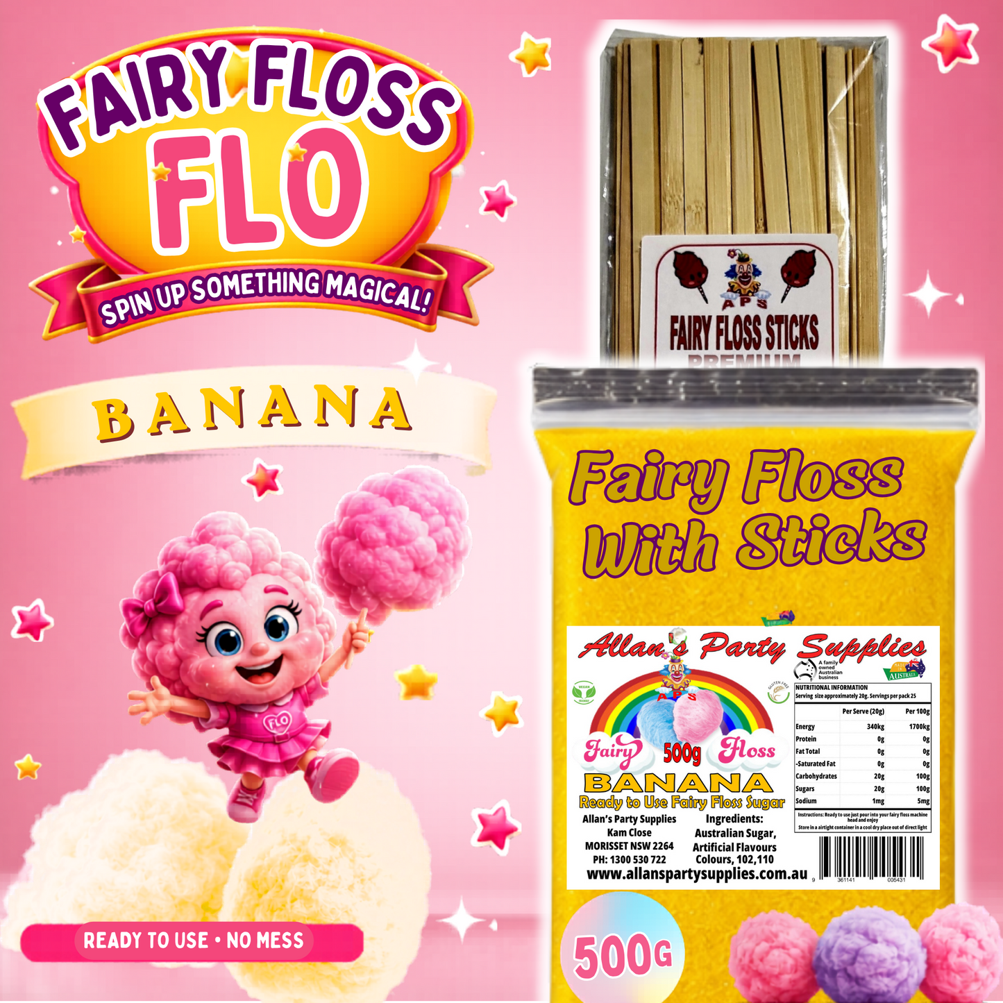 #2 APS, Fairy Floss Flo's Premium Banana Fairy Floss Sugar 500g Bag With Sticks