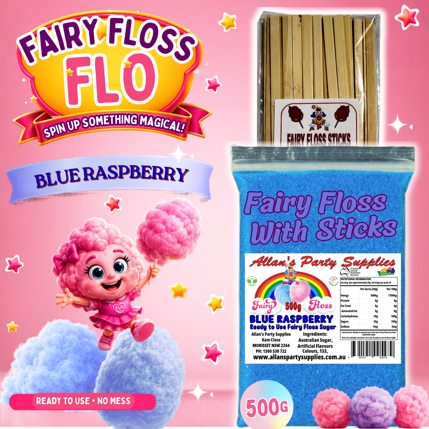 #2 APS, Fairy Floss Flo's Premium Blue Raspberry Fairy Floss Sugar 500g Bag With Sticks