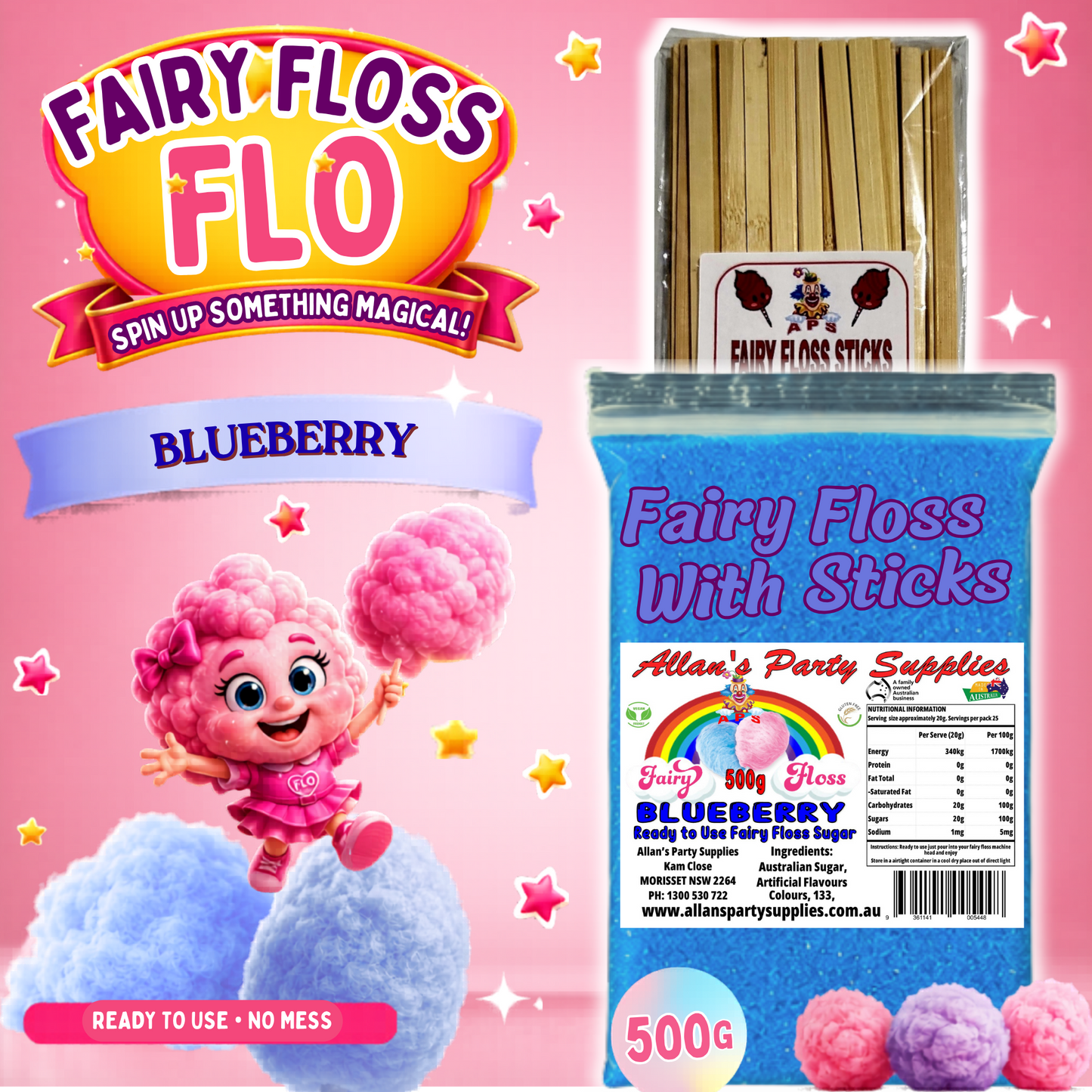 #2 APS, Fairy Floss Flo's Premium Blueberry Fairy Floss Sugar 500g Bag With Sticks