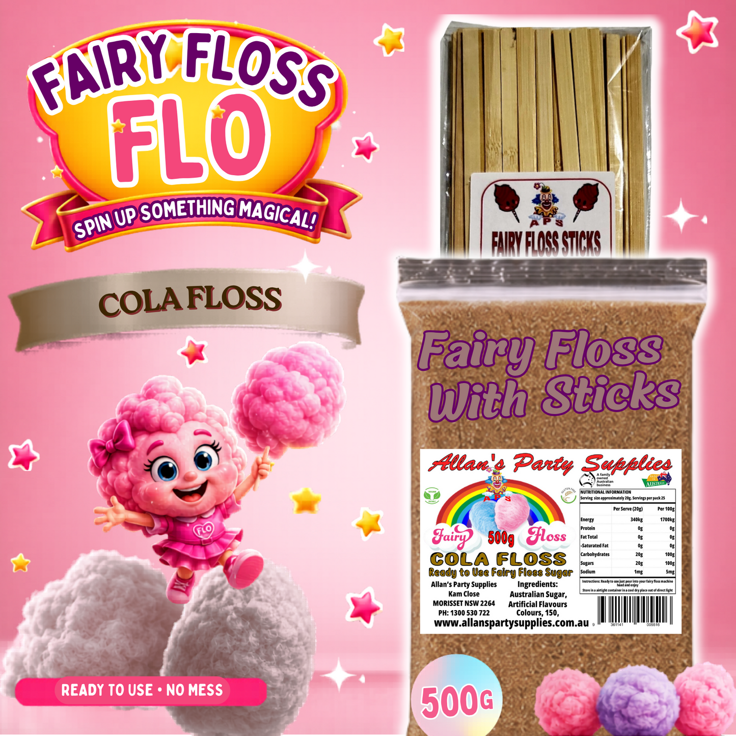 #2 APS, Fairy Floss Flo's Premium Cola Floss Fairy Floss Sugar 500g Bag With Sticks