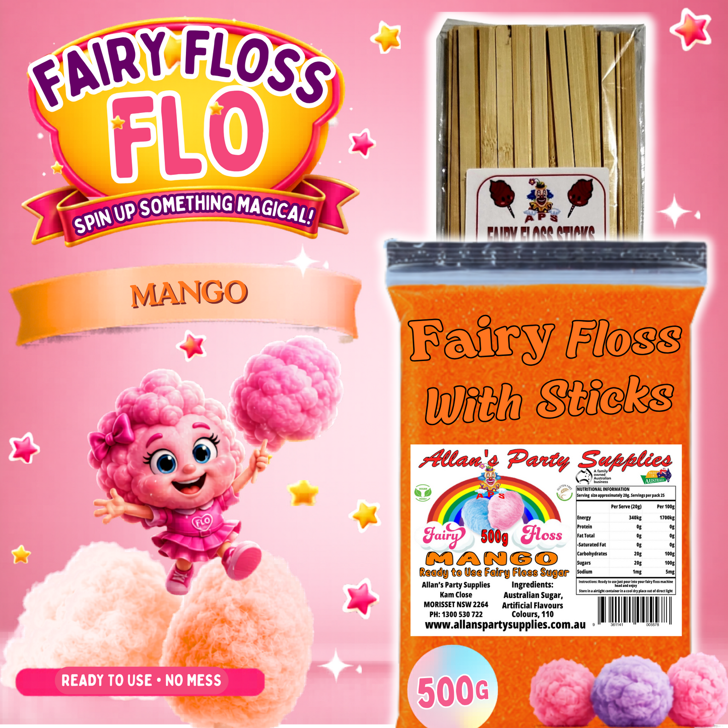 #2 APS, Fairy Floss Flo's Premium Mango Fairy Floss Sugar 500g Bag With Sticks