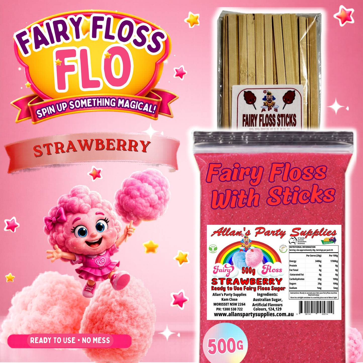 #2 APS, Fairy Floss Flo's Premium Strawberry Fairy Floss Sugar 500g Bag With Sticks