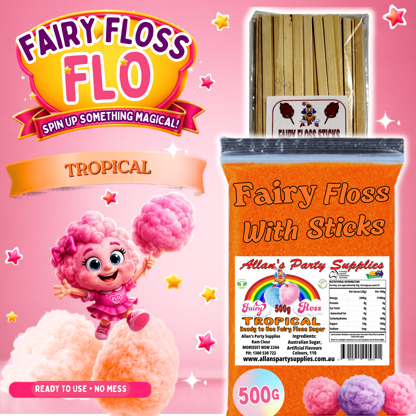 #2 APS, Fairy Floss Flo's Premium Tropical Fairy Floss Sugar 500g Bag With Sticks