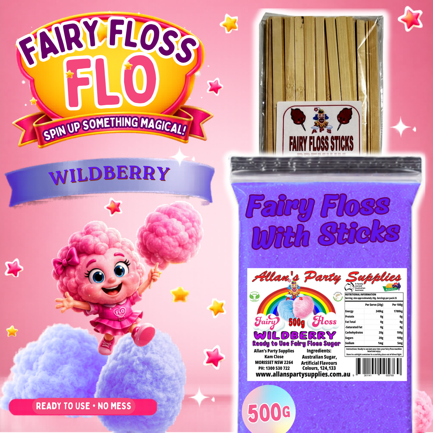 #2 APS, Fairy Floss Flo's Premium Wildberry Fairy Floss Sugar 500g Bag With Sticks