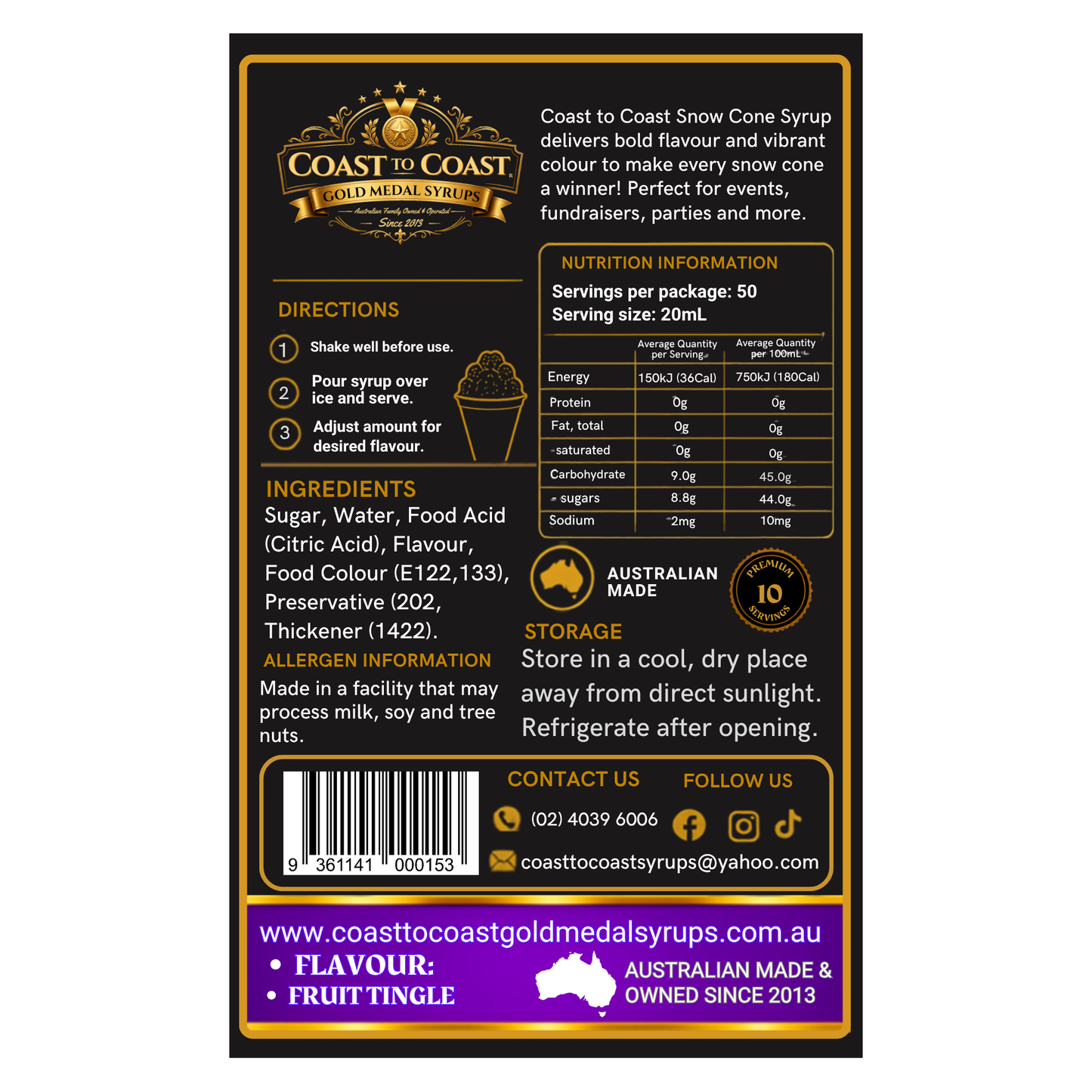 Fruit Tingle Snow Cone Syrups 250ml - Coast to Coast Gold Medal Syrups®