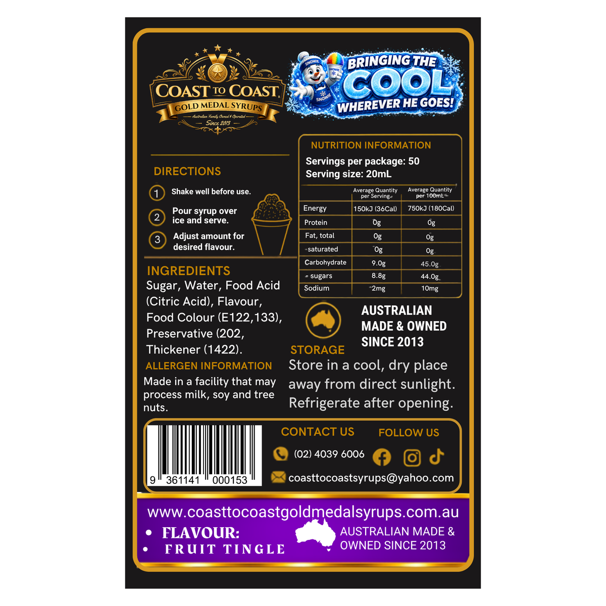 Fruit Tingle Snow Cone Syrups 250ml - Coast to Coast Gold Medal Syrups®