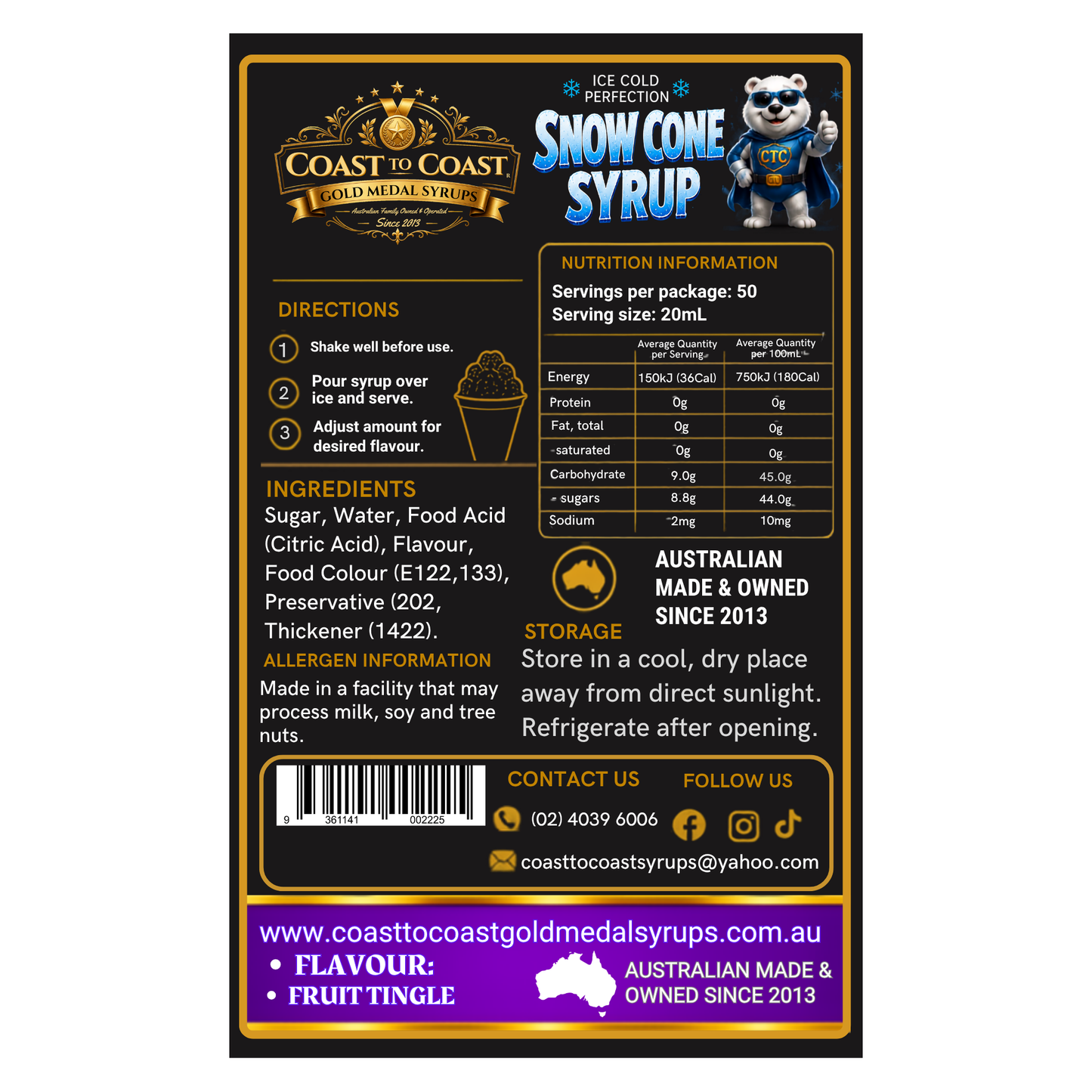 Fruit Tingle Snow Cone Syrups 2ltr - Coast to Coast Gold Medal Syrups®