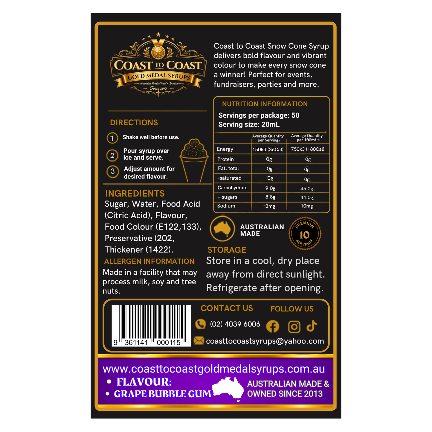 Grape Snow Cone Syrups 250ml - Coast to Coast Gold Medal Syrups®