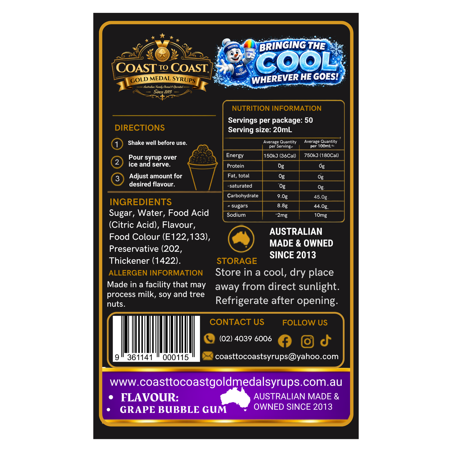 Grape Bubble Gum Snow Cone Syrups 250ml - Coast to Coast Gold Medal Syrups®