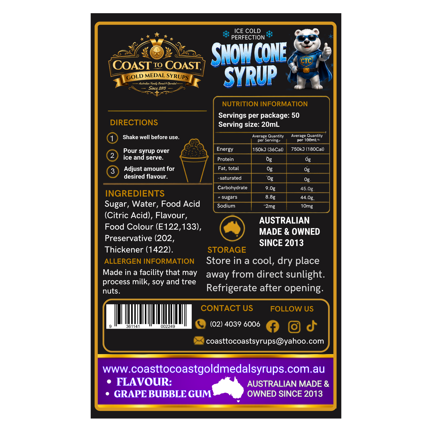 Grape Bubble Gum Snow Cone Syrups 2ltr - Coast to Coast Gold Medal Syrups®