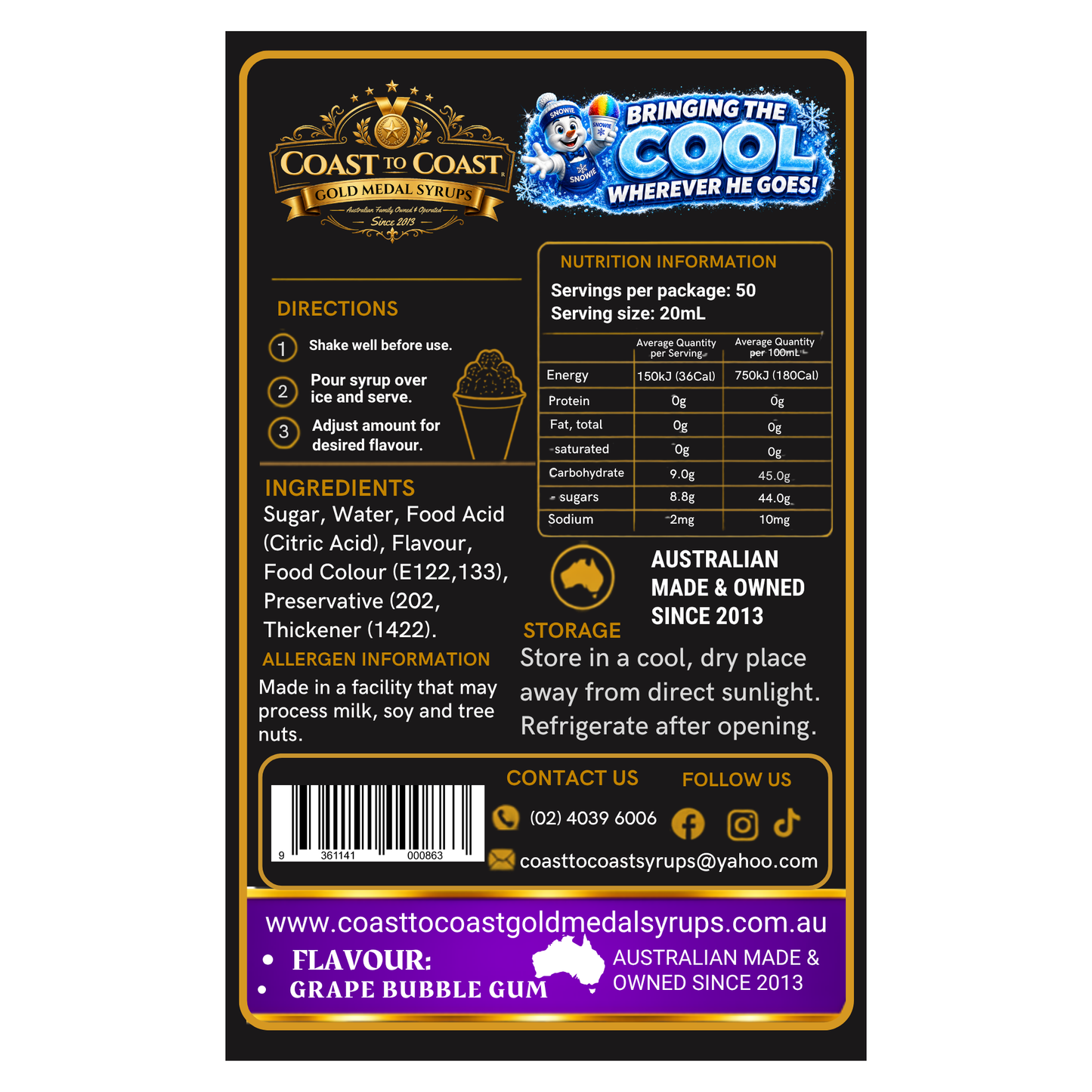 Grape Bubble Gum Snow Cone Syrups 750ml - Coast to Coast Gold Medal Syrups®