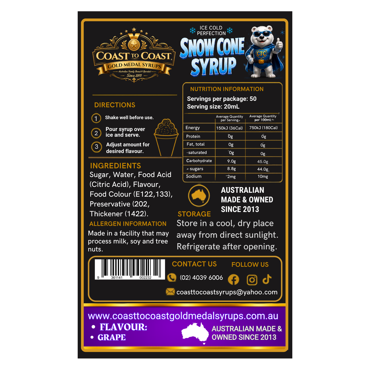 Grape Snow Cone Syrups 2ltr - Coast to Coast Gold Medal Syrups®