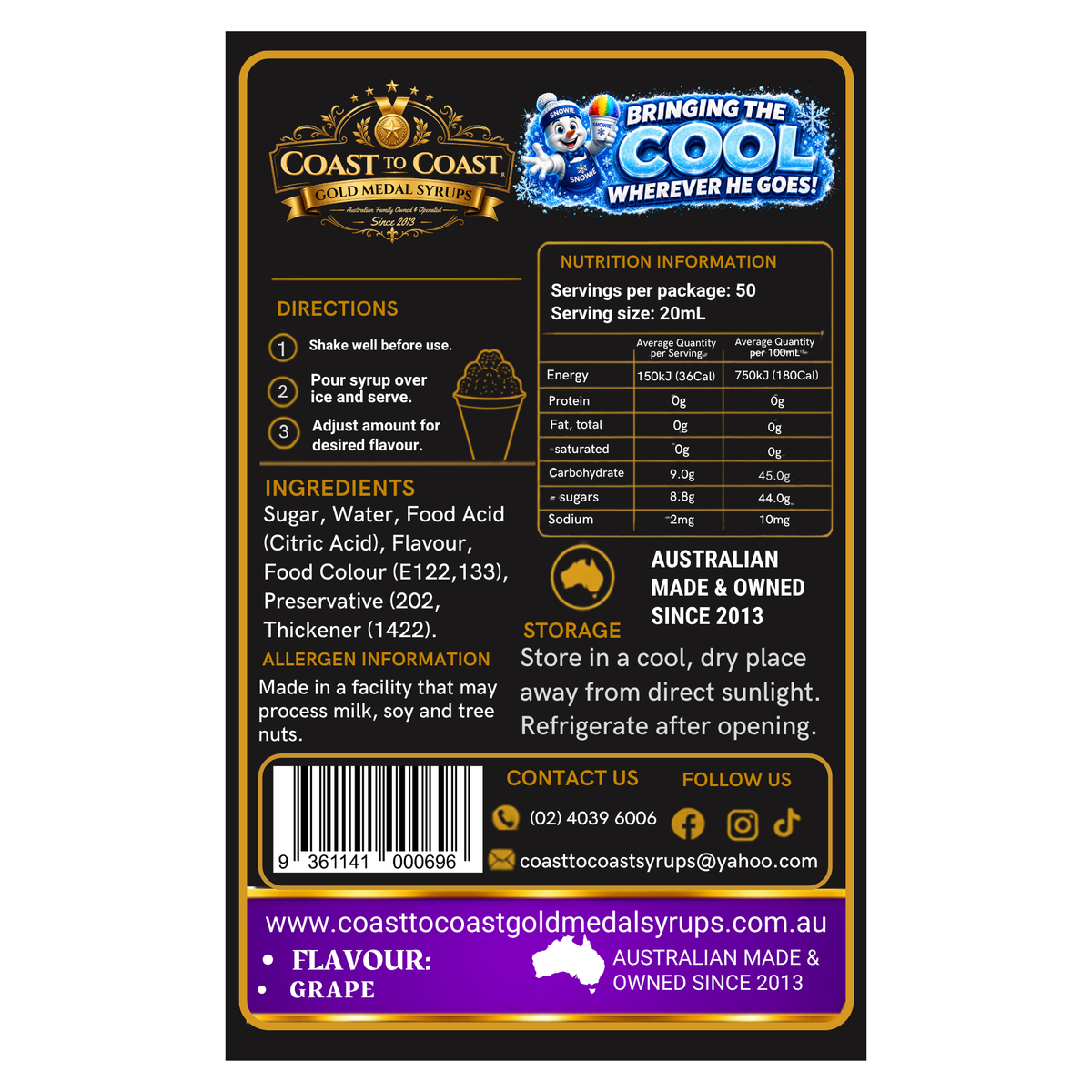 Grape Snow Cone Syrups 375ml - Coast to Coast Gold Medal Syrups®
