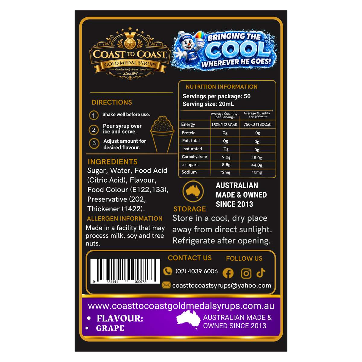 Grape Snow Cone Syrups 750ml - Coast to Coast Gold Medal Syrups®