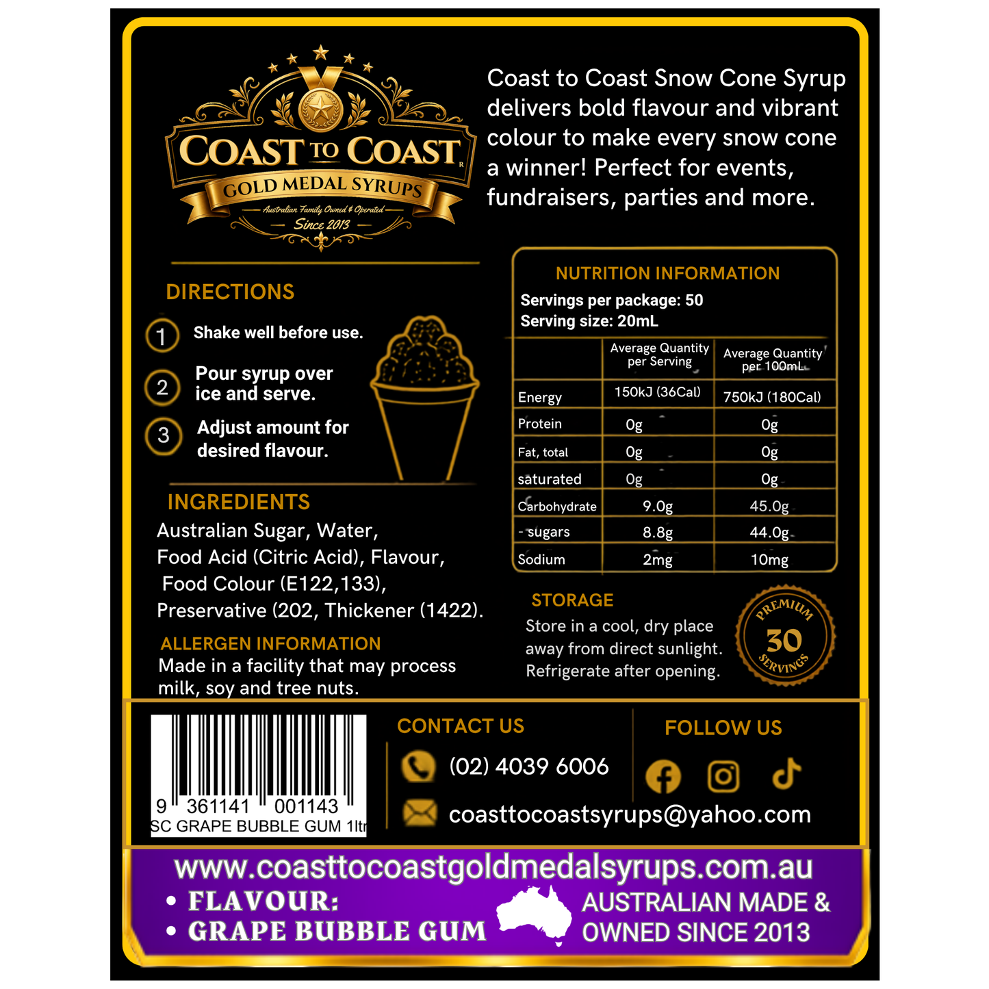 Grape Bubble Gum Snow Cone Syrups 1ltr - Coast to Coast Gold Medal Syrups®