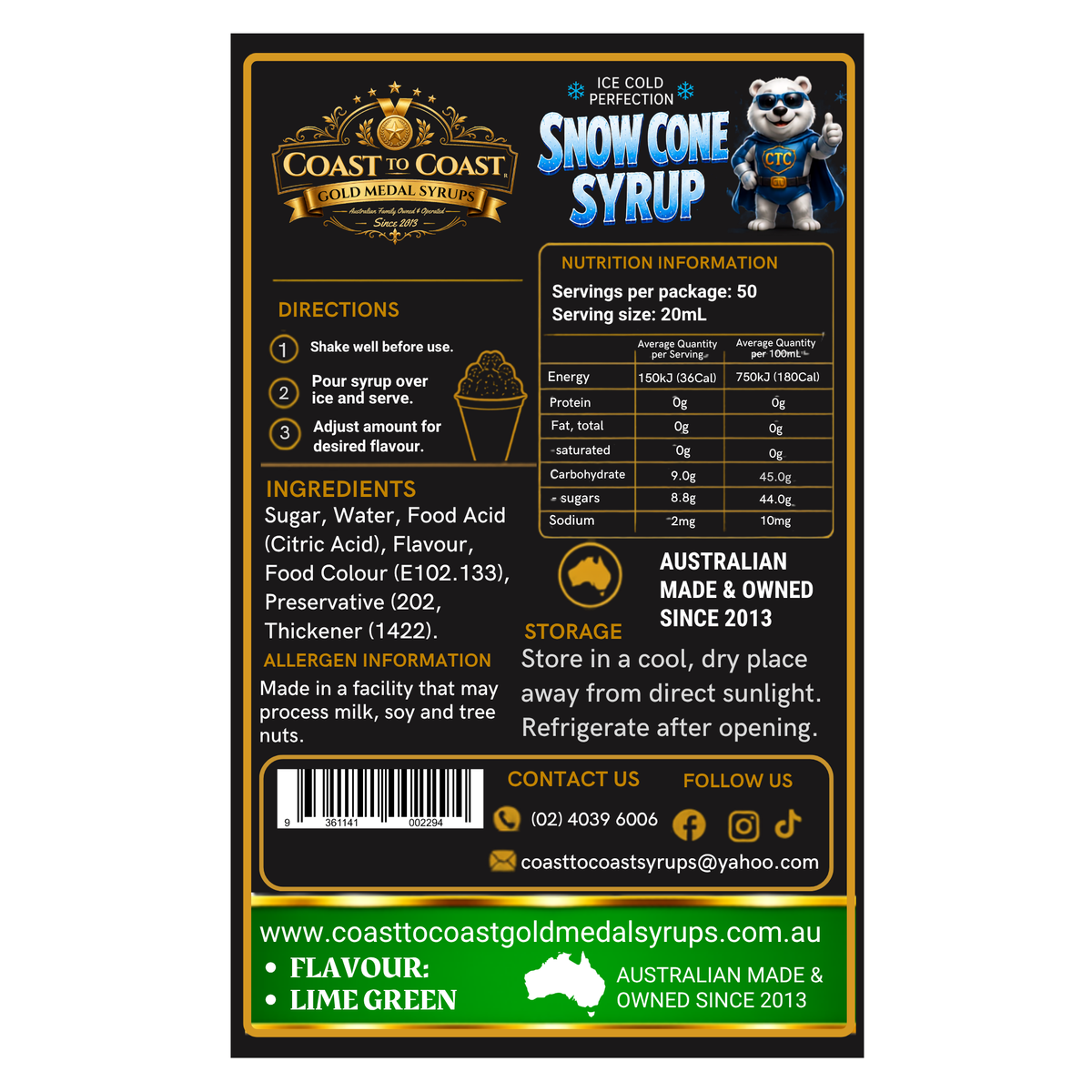 Lime Green Snow Cone Syrups 2ltr - Coast to Coast Gold Medal Syrups®