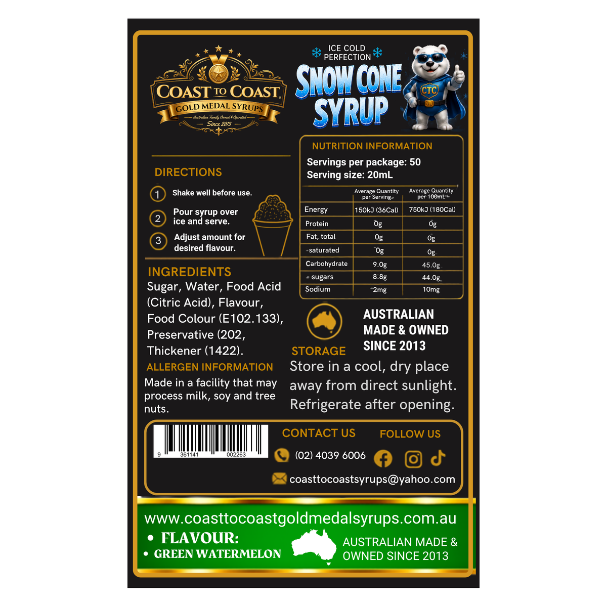 Green Watermelon Snow Cone Syrups 2ltr - Coast to Coast Gold Medal Syrups®