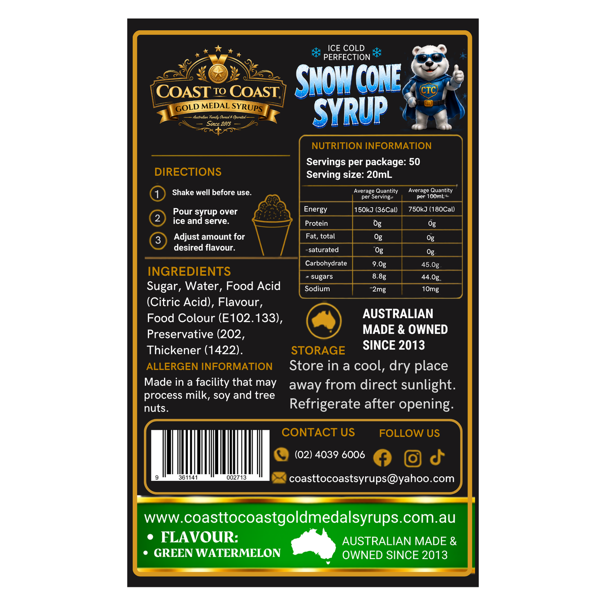 Green Watermelon Snow Cone Syrups 4ltr - Coast to Coast Gold Medal Syrups®