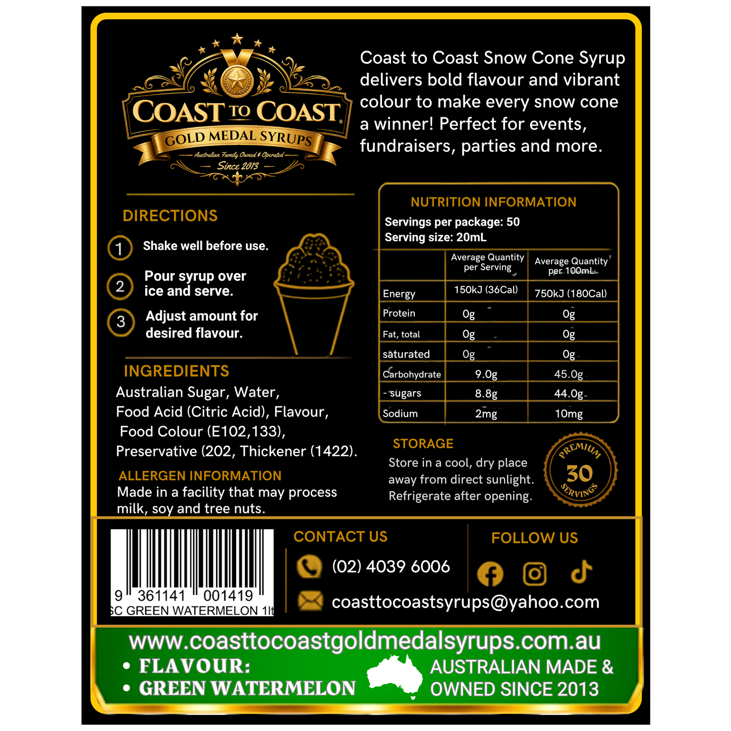 Green Watermelon Snow Cone Syrups 1ltr - Coast to Coast Gold Medal Syrups®