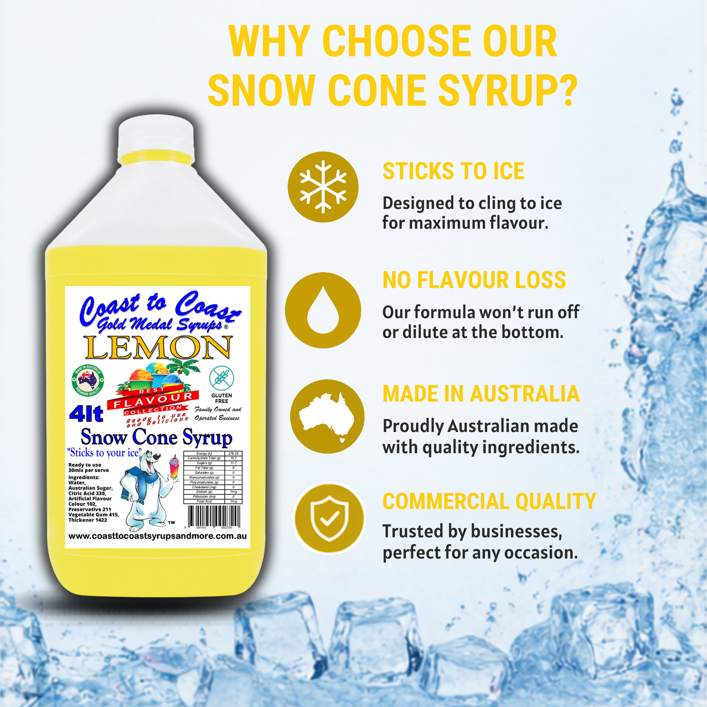 6 Lemon Snow Cone Syrup, 4Ltr, Premium Ice Syrup, Coast to Coast Gold Medal Syrups®