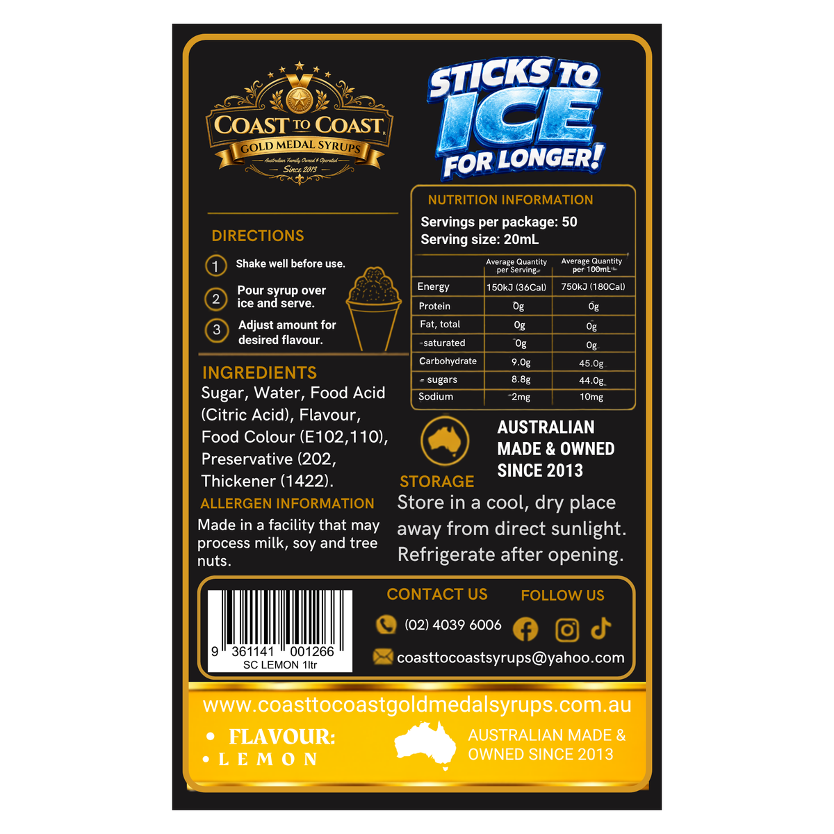 Lemon Snow Cone Syrups 1ltr - Coast to Coast Gold Medal Syrups®