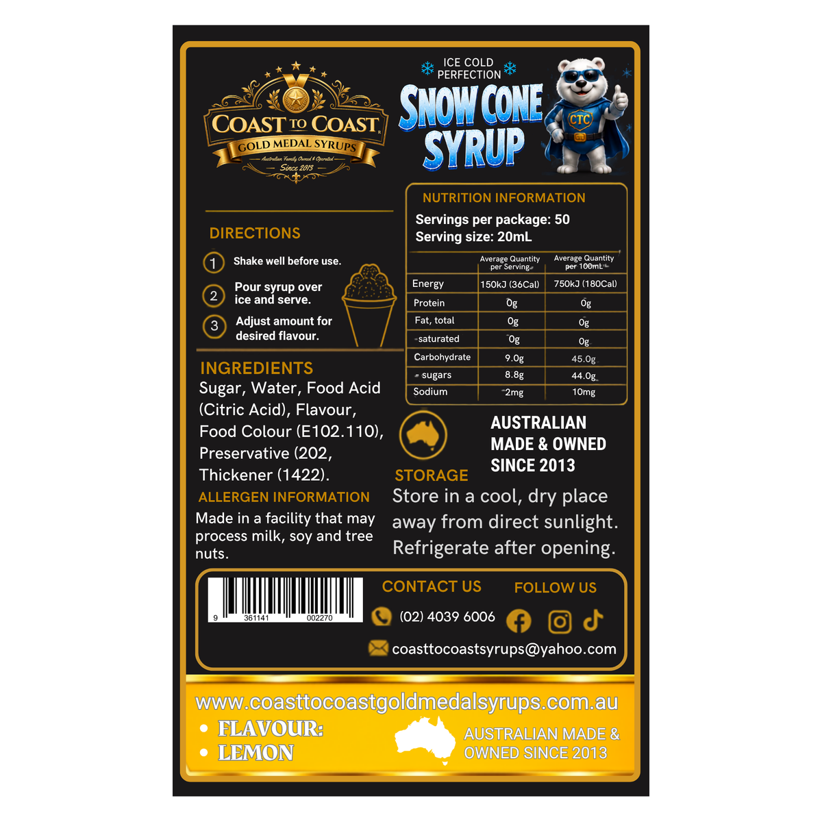Lemon Snow Cone Syrups 2ltr - Coast to Coast Gold Medal Syrups®