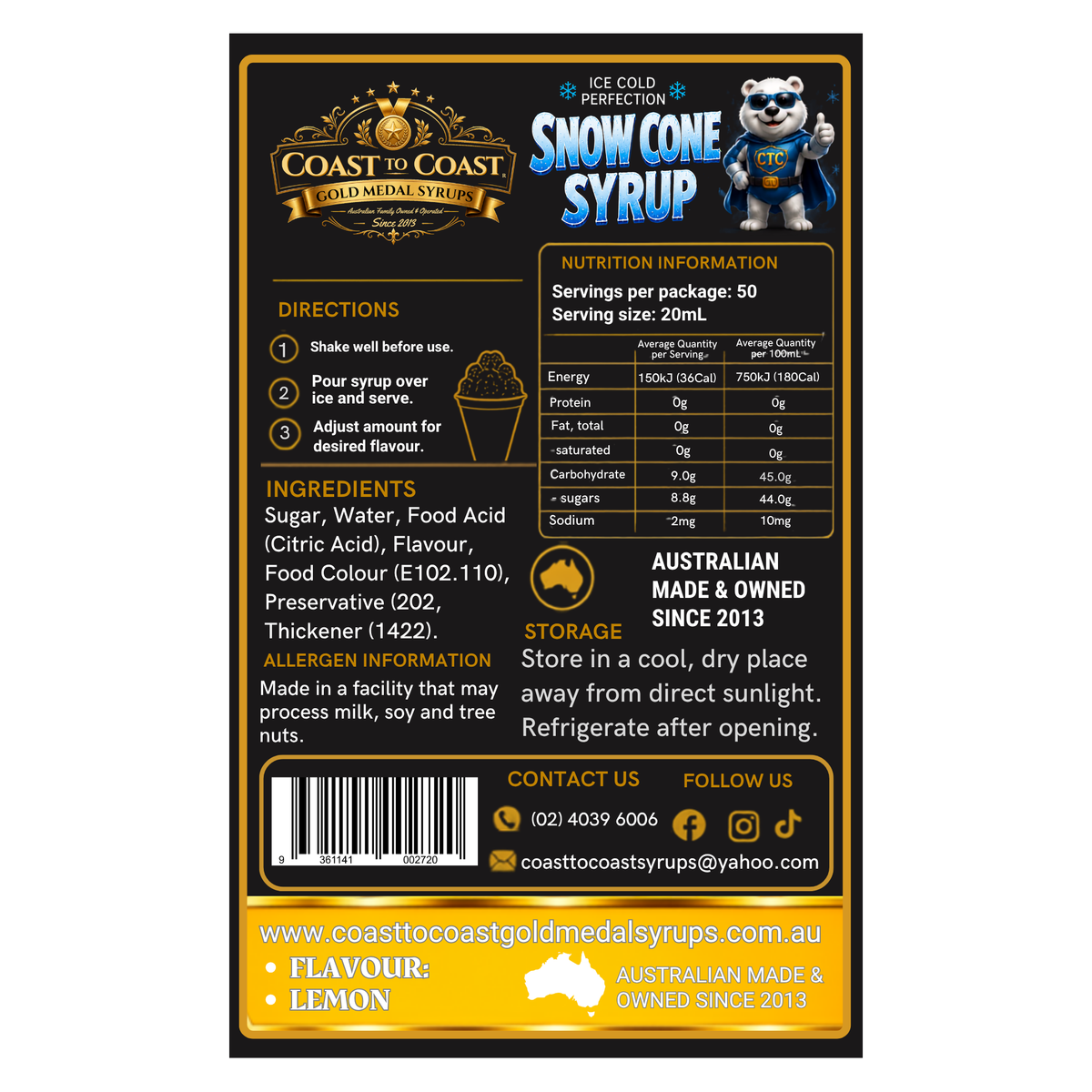 Lemon Snow Cone Syrups 4ltr - Coast to Coast Gold Medal Syrups®