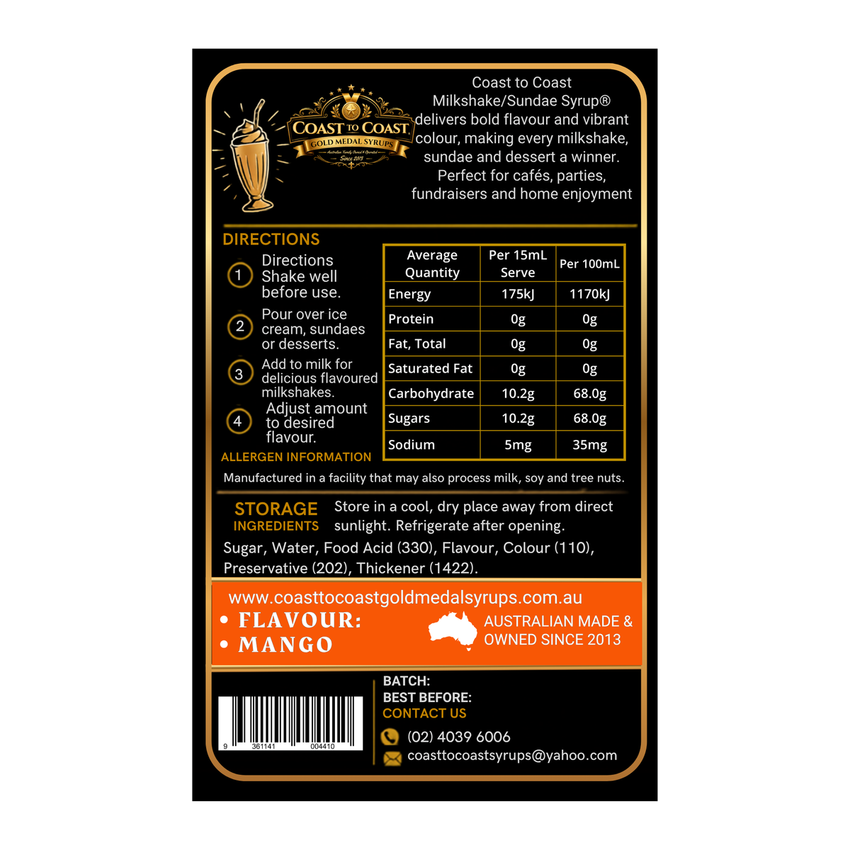 Mango, Milkshake/Sundae toppings 500ml - Coast to Coast Gold Medal Syrups®