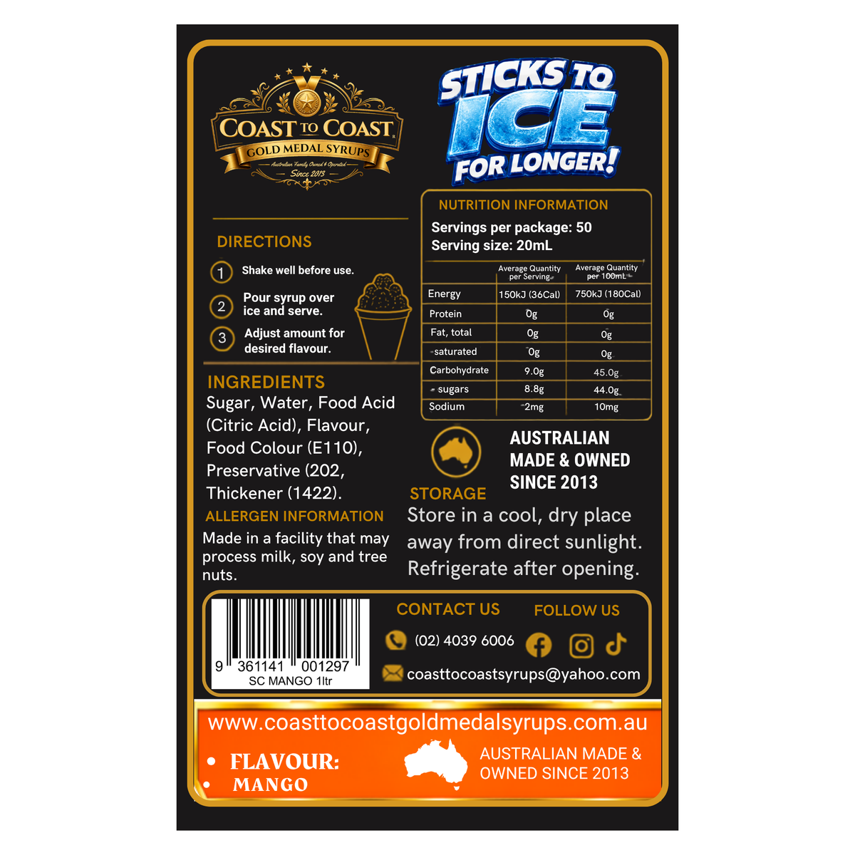 Mango Snow Cone Syrups 1ltr - Coast to Coast Gold Medal Syrups®