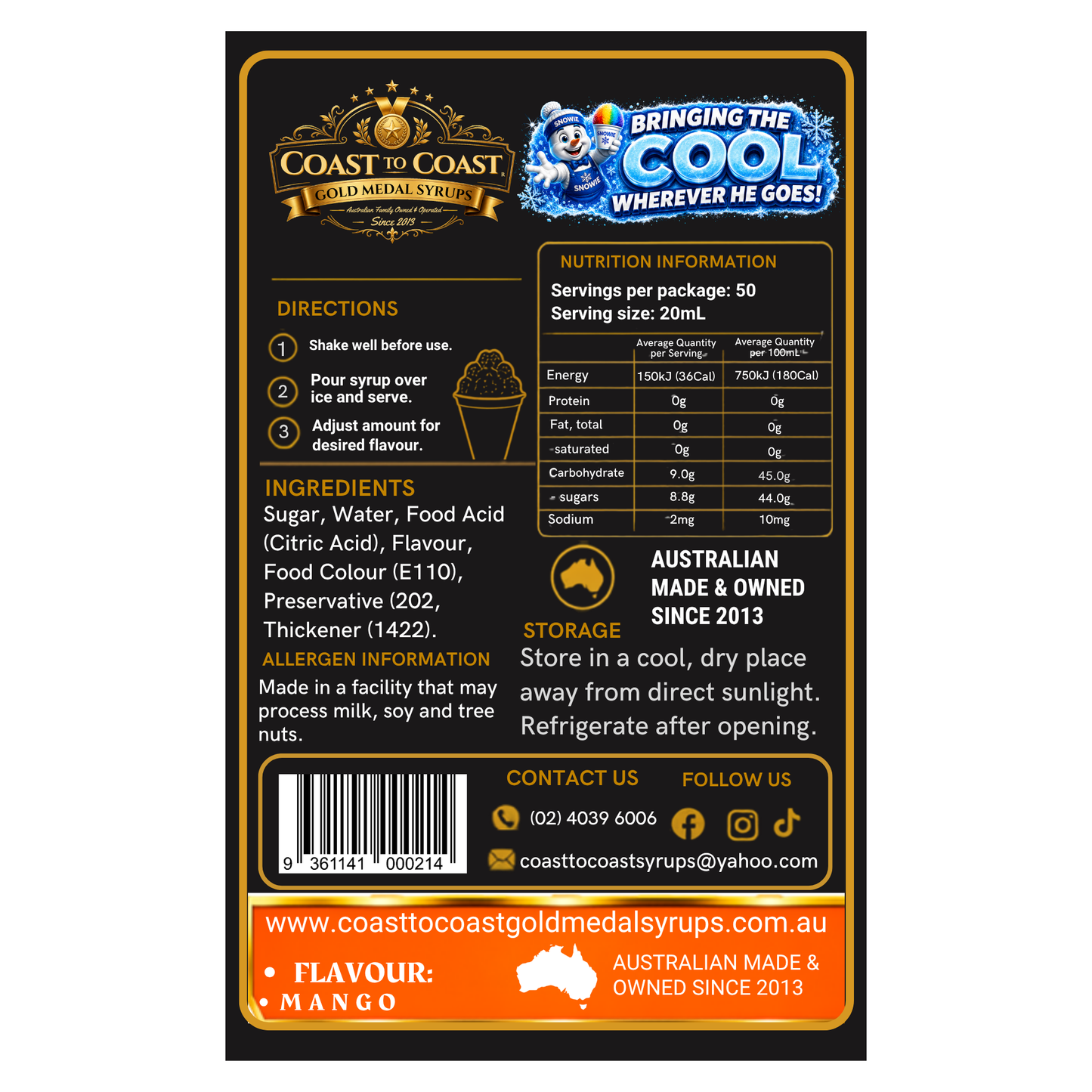 Mango Snow Cone Syrups 250ml - Coast to Coast Gold Medal Syrups®