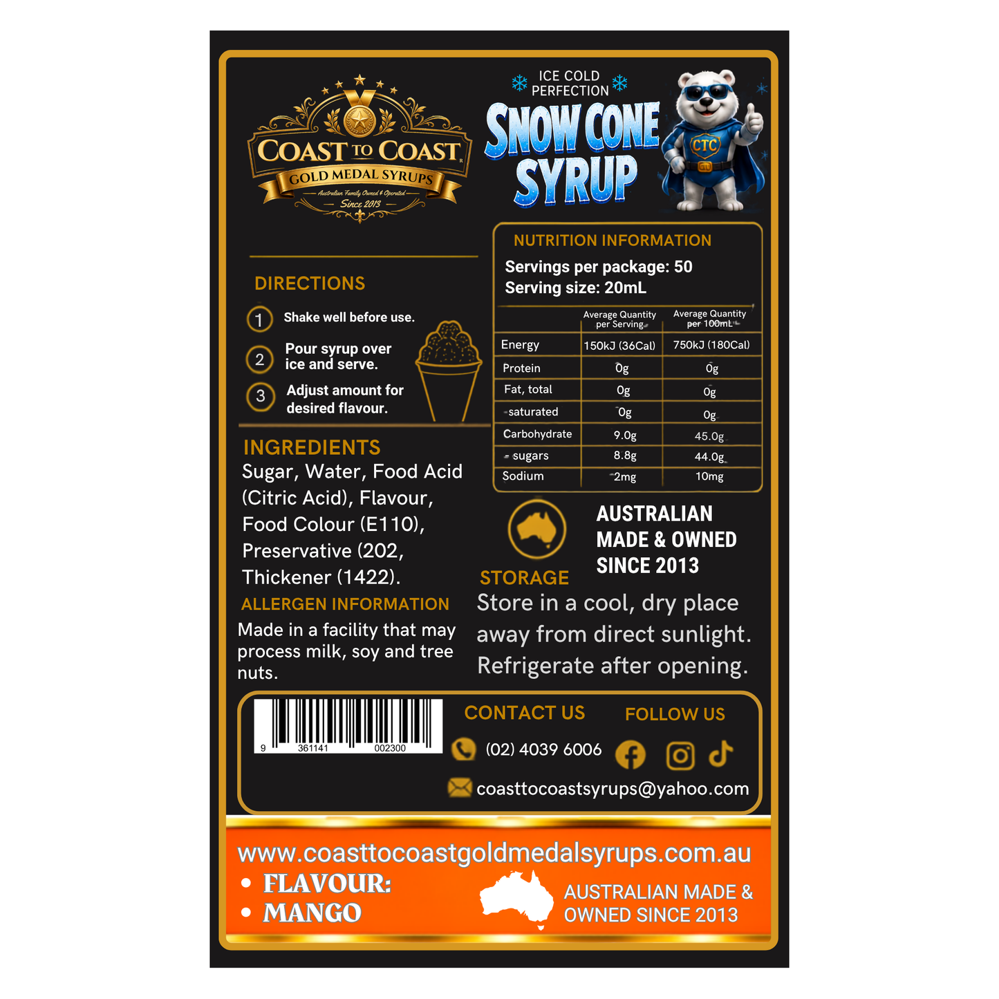 Mango Snow Cone Syrups 2ltr - Coast to Coast Gold Medal Syrups®