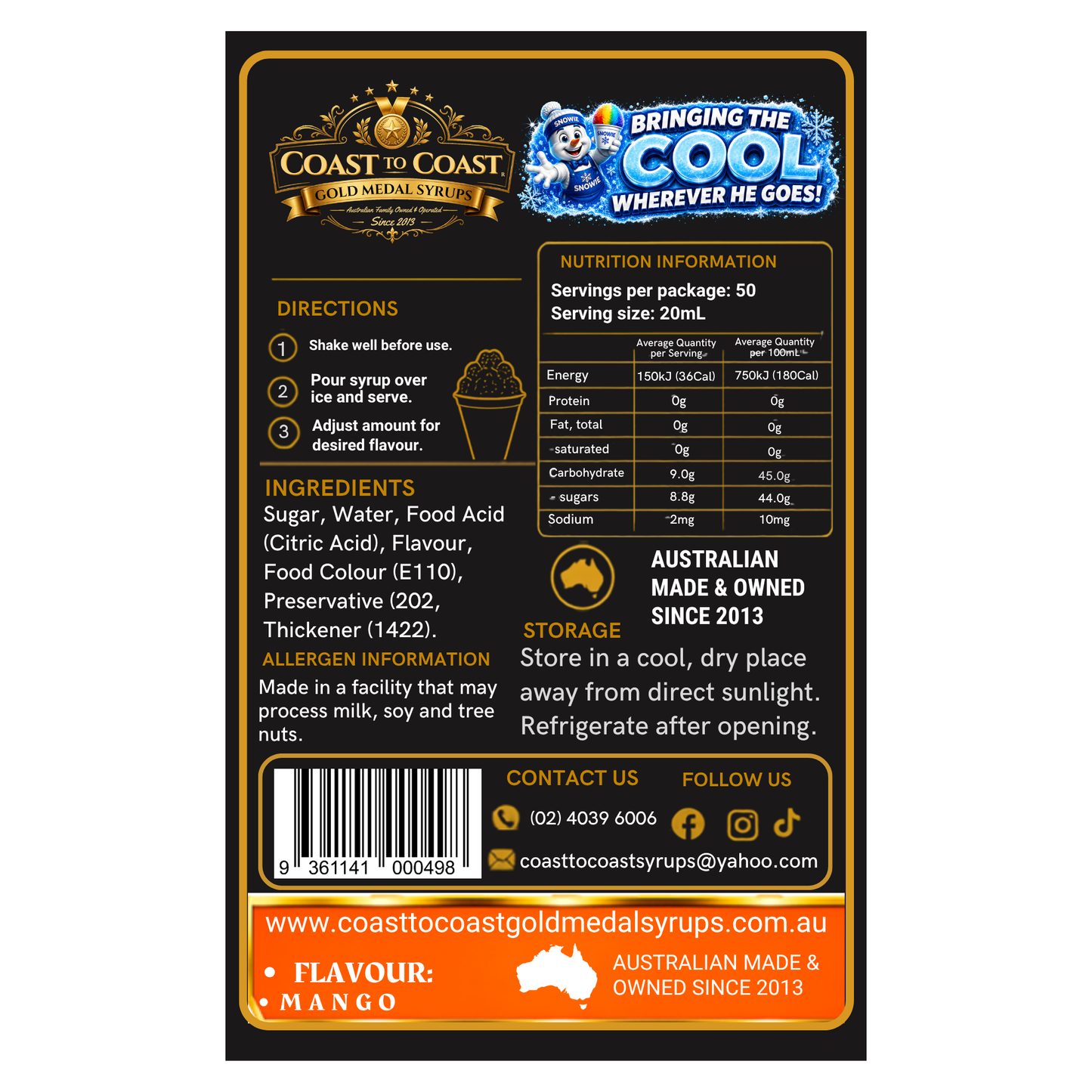 Mango Snow Cone Syrups 375ml - Coast to Coast Gold Medal Syrups®
