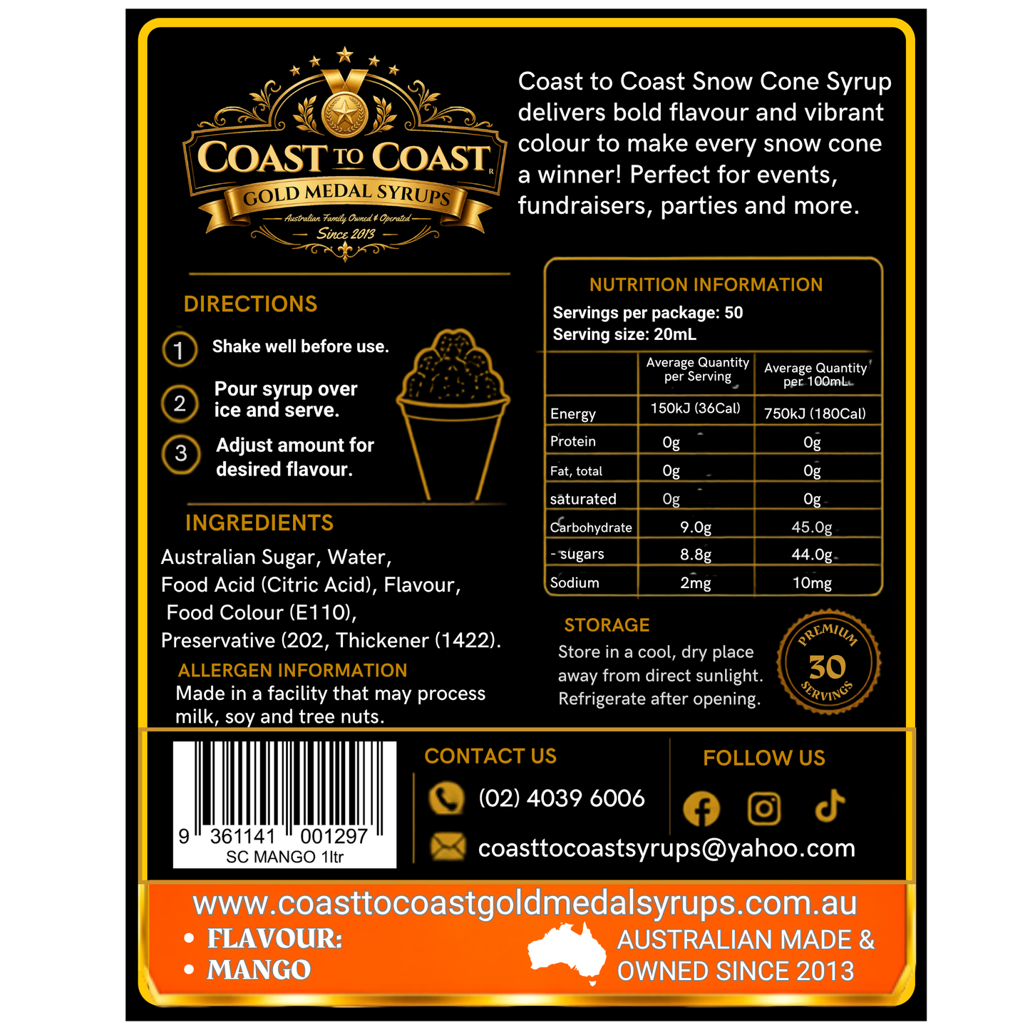 Mango Snow Cone Syrups 1ltr - Coast to Coast Gold Medal Syrups®